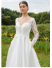 Long Sleeves Ivory Lace Satin Fairytale Wedding Dress